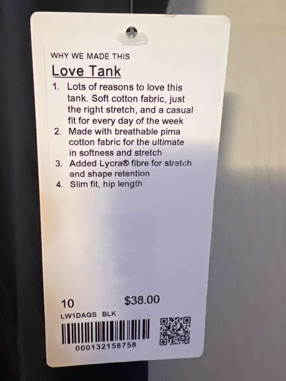 NWT lululemon Love Tank Black Pima Cotton Size 10 - Picture 2 of 4